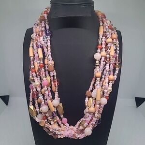 Joan Rivers Necklace Woman Pink Multi Strand Beaded Wood Glass Statement Clasp